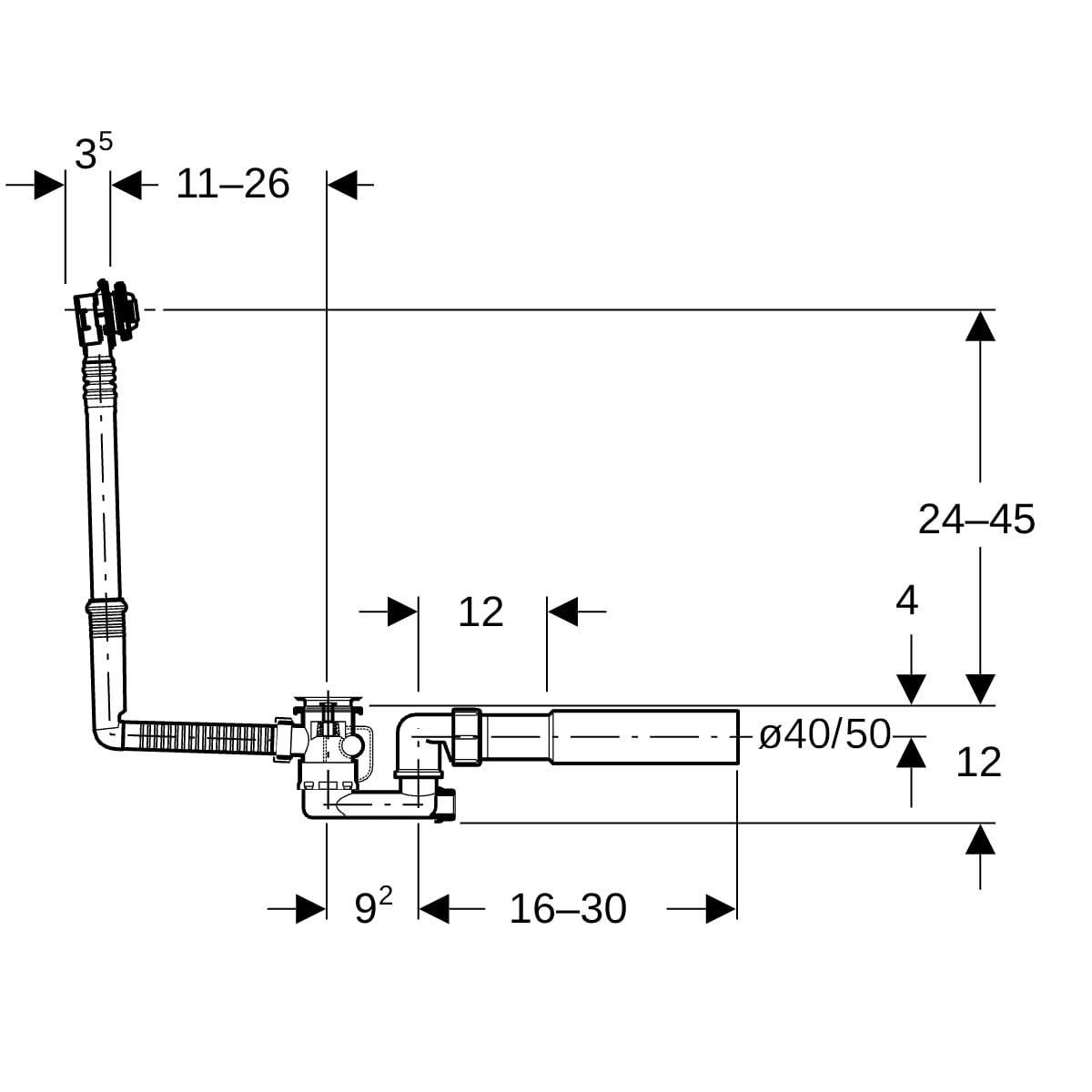 Geberit Badewannenablauf, d52 mit Drehbet. m. Fertigbauset, DN40/50, chrg