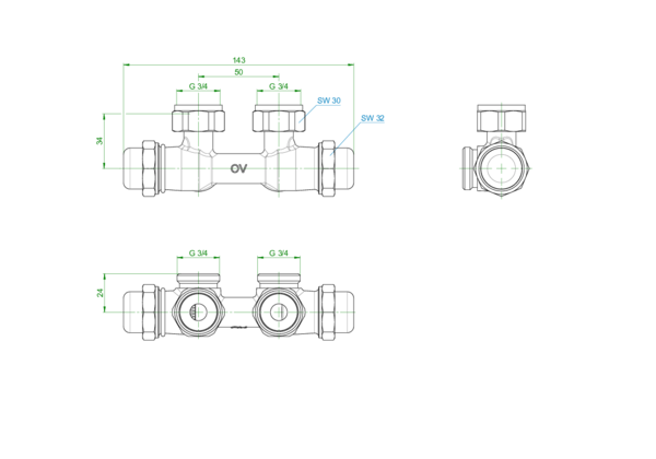 OVENTROP-Multiflex FQ Verschraubung für G 3/4 AG, Eck rechts, G 3/4 ÜM x 3/4 AG