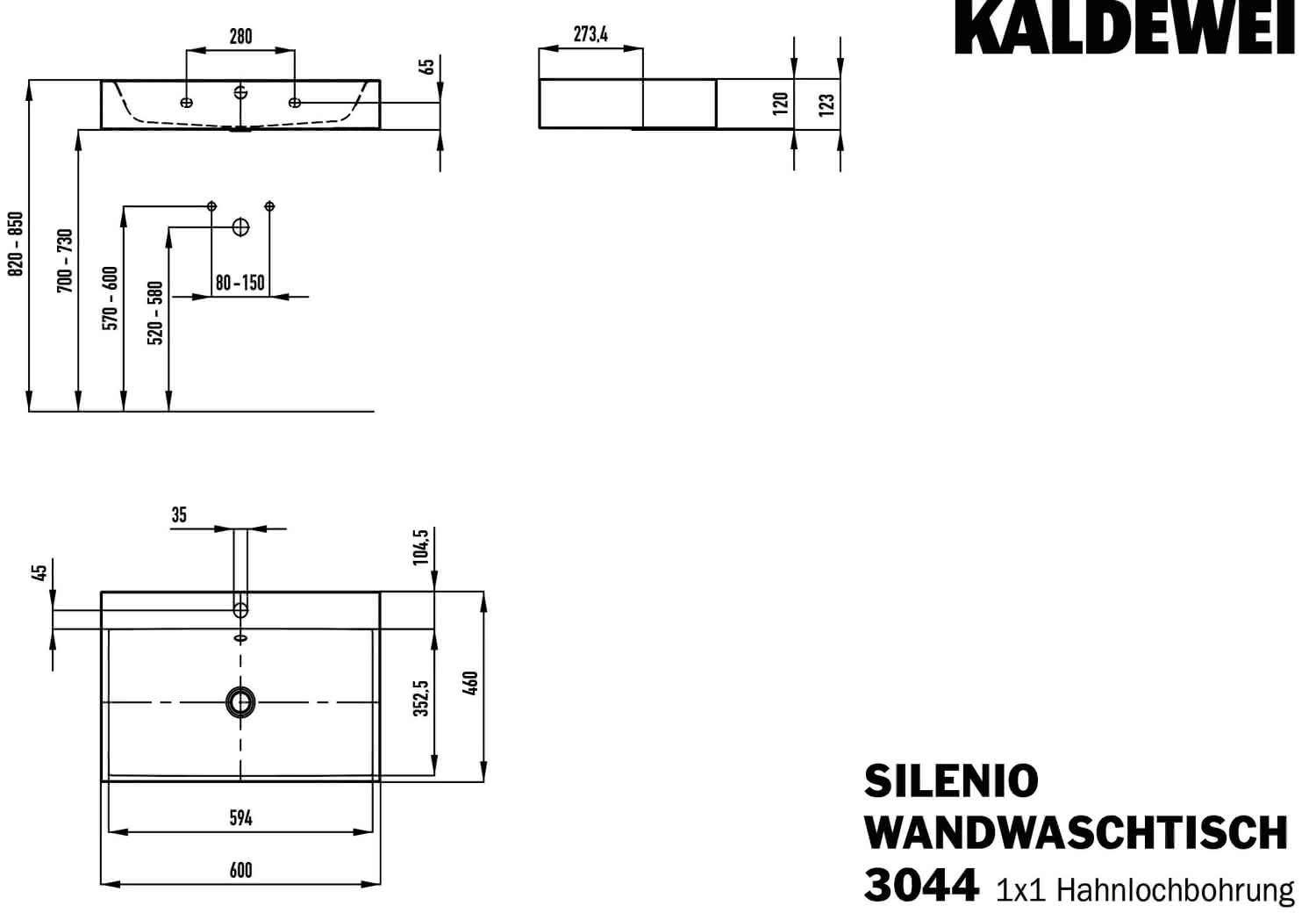 KA WB SILENIO WANDWASCHTISCH Mod.3044, 600x460mm,alpinweiß,PEFF,AD,m. 1HL,oÜL