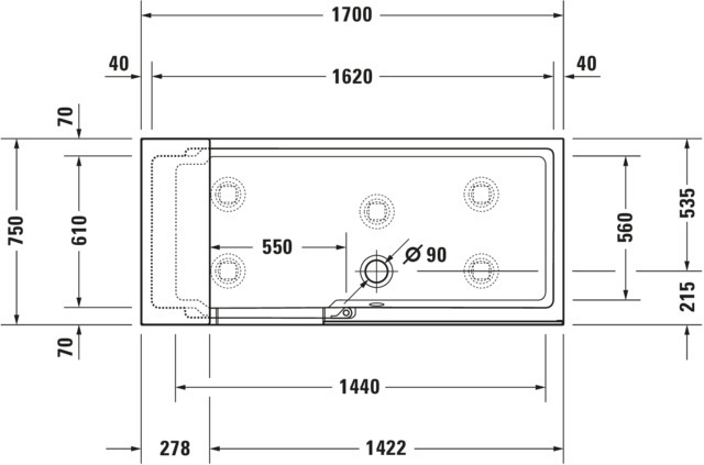 DU Shower+Bath Badewanne 1700x750 Ecke R Rückenschr.1 Links, Mineralg.Weiß