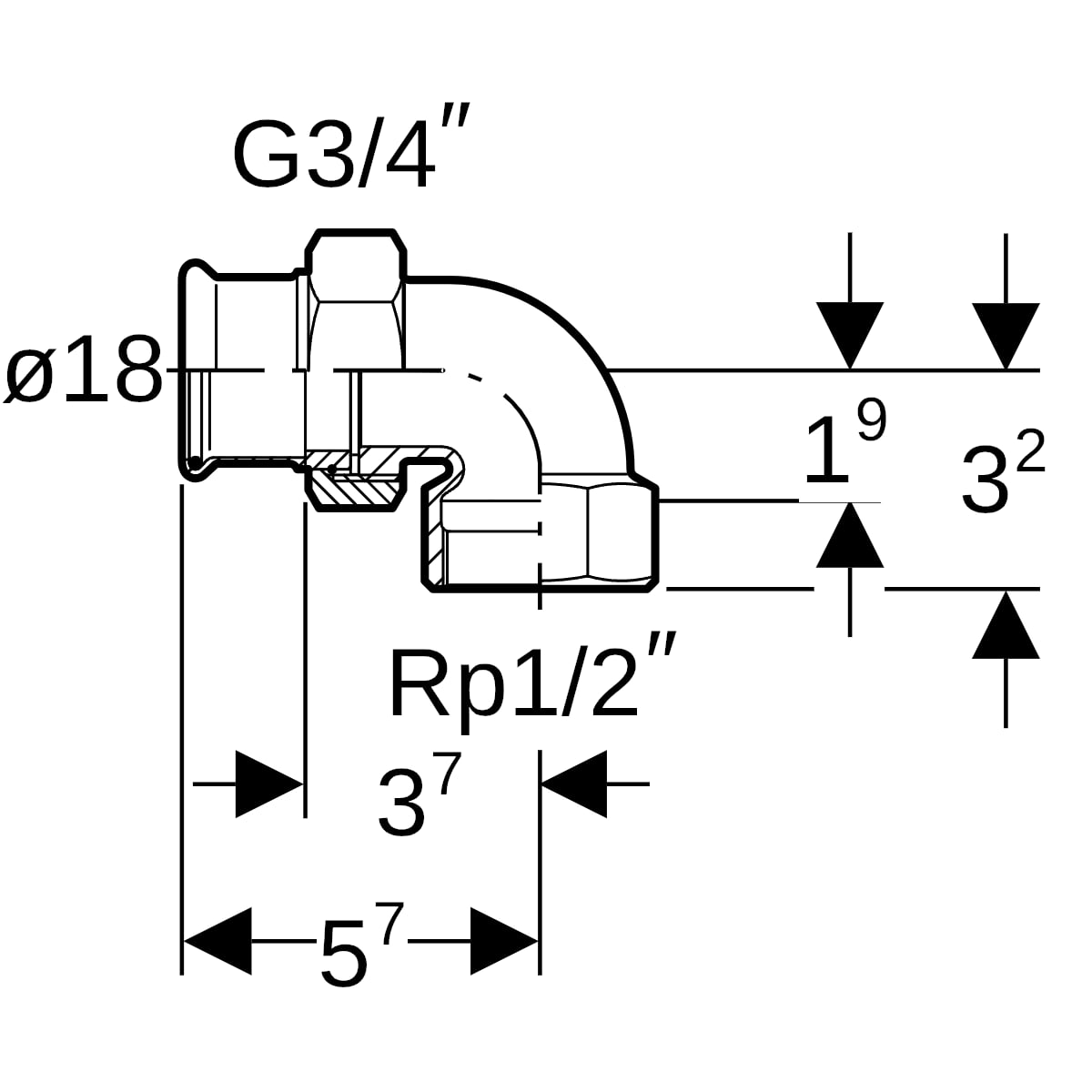 Geberit Mapress Kupfer Übergangswinkel Verschraubung 90Gr mit IG Rg d18-Rp1/2