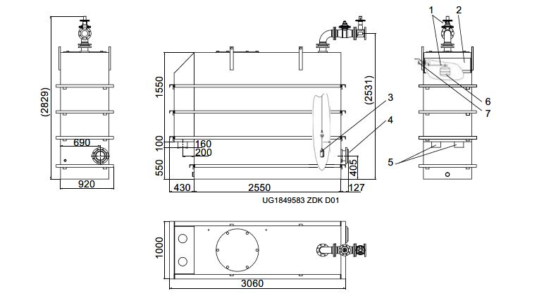 KSB Vorbehälter mit freiem Auslauf Vges 2000 l, Vnutz 1850 l, DN 125, 96 KSB Vorbehälter mit freiem Auslauf Vges 2000 l, Vnutz 1850 l, DN 125, 96