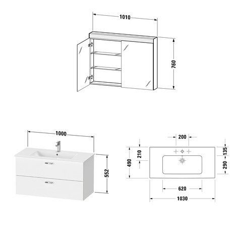 DU XBase Möbel-Set 1030x490mm, WT,WTU m. Schubk.2, Spiegelschr., Graphit Matt
