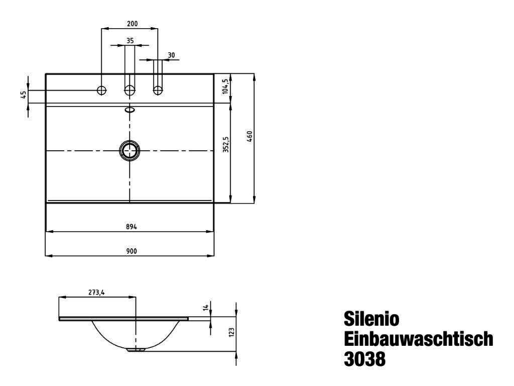 KA WB SILENIO EINBAUWASCHTISCH Mod.3038, 900x460mm,alpinweiß,PEFF,AD,m. 3HL,oÜL