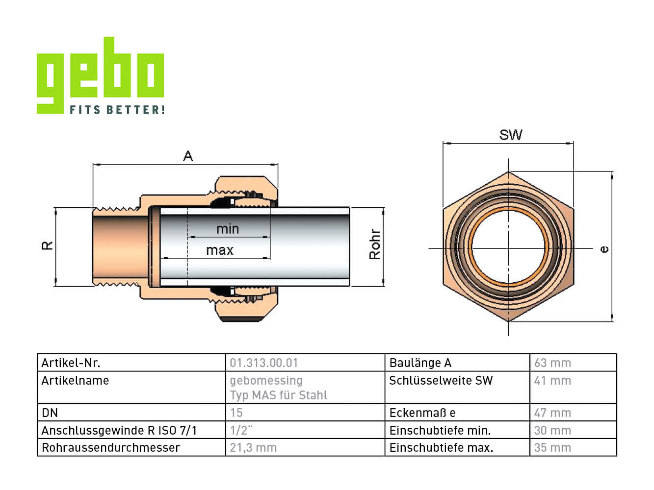 gebomessing, Messing-KLV Serie 313 Typ MAS 1/2" für Stahlrohr