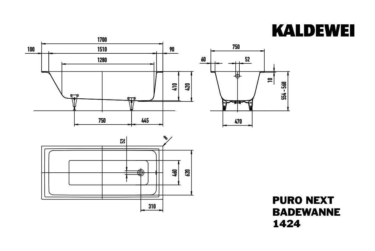 KA BW PURO NEXT Mod.1424,1700x750mm, alpinweiß,Invisible Grip
