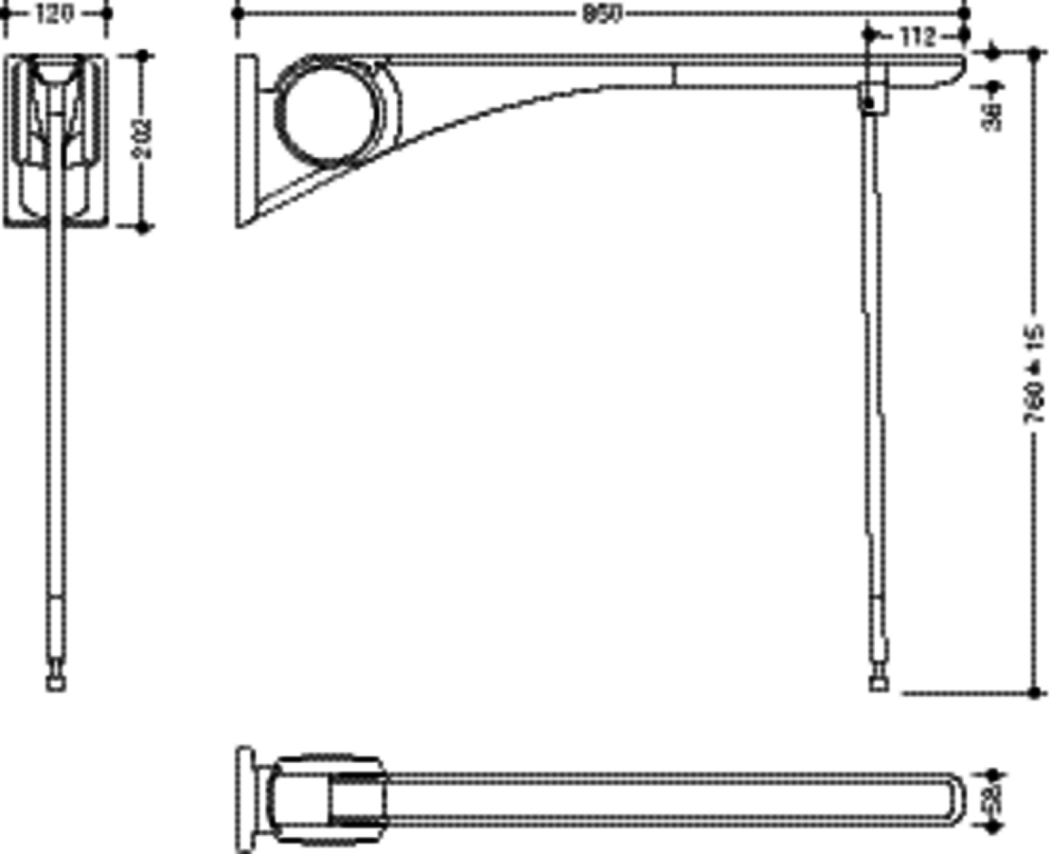 HEWI SK-Griff Basic,850, m.Bodenstütze Montagehöhe h=760mm weiß hgl.- weiß mt