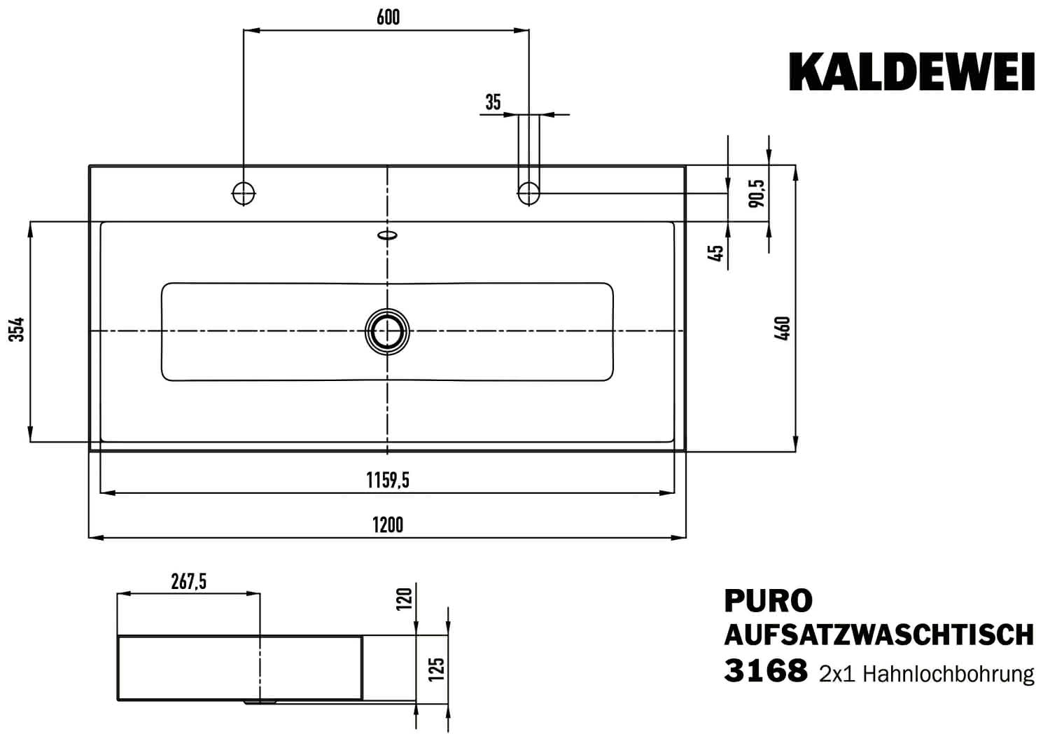 KA WB PURO Mod.3168-D,1200x460mm,alpwm, PEFF,AD,m. 2x1HL,mÜL,chr