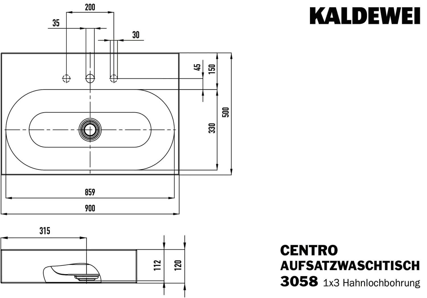 KA WB CENTRO Mod.3058,900x500mm,alpwe, PEFF,AD,m. 3HL,oÜL