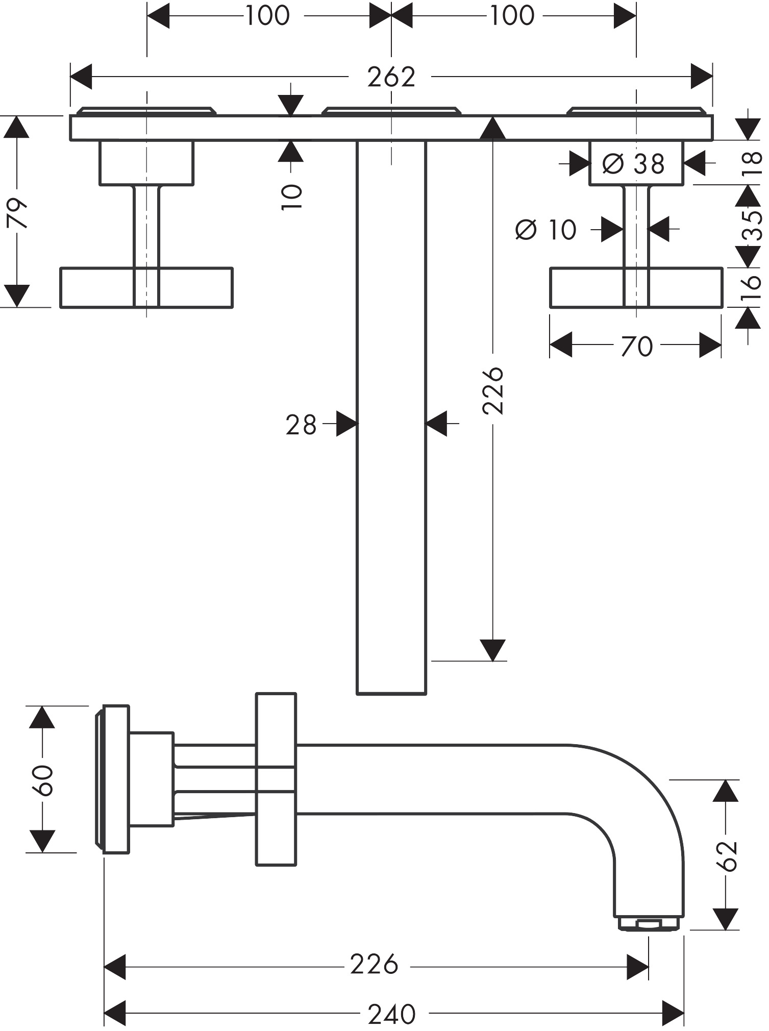 Hansgrohe 3-Loch Waschtischarm.Axor Citterio Wand F-Set lang PGO m.Platte/Kreuzgr.