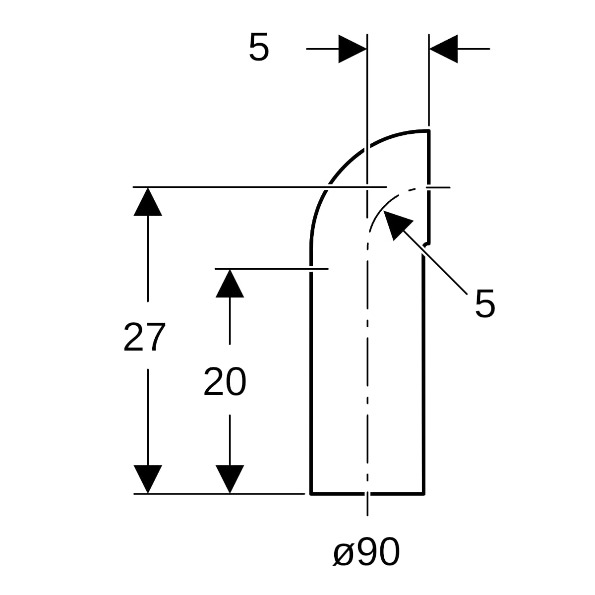 Geberit PE Bogen 90Gr mit langem Schenkel und kleinem Radius d90