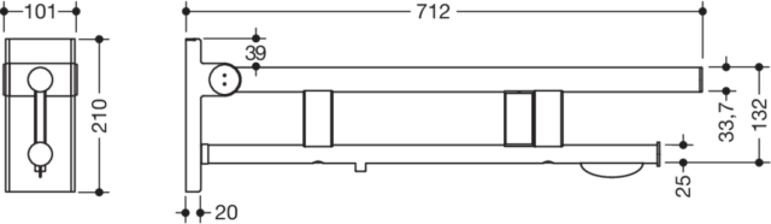 HEWI SK-Griff Duo (A),re,PRH,700,WC- Spül(E-Ausf.),chr