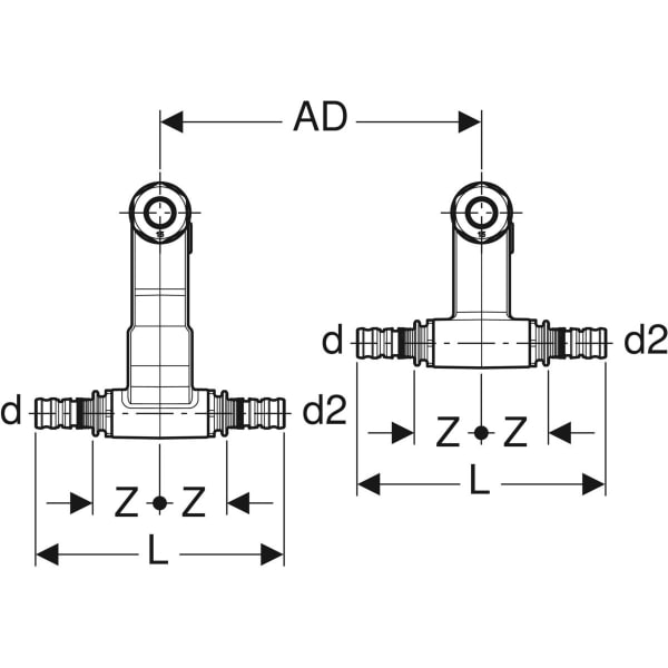 Geberit Mepla Set Anschluss-T-Stück für Vorl./Rückl.m.Anschlussverschr.d16-15-16