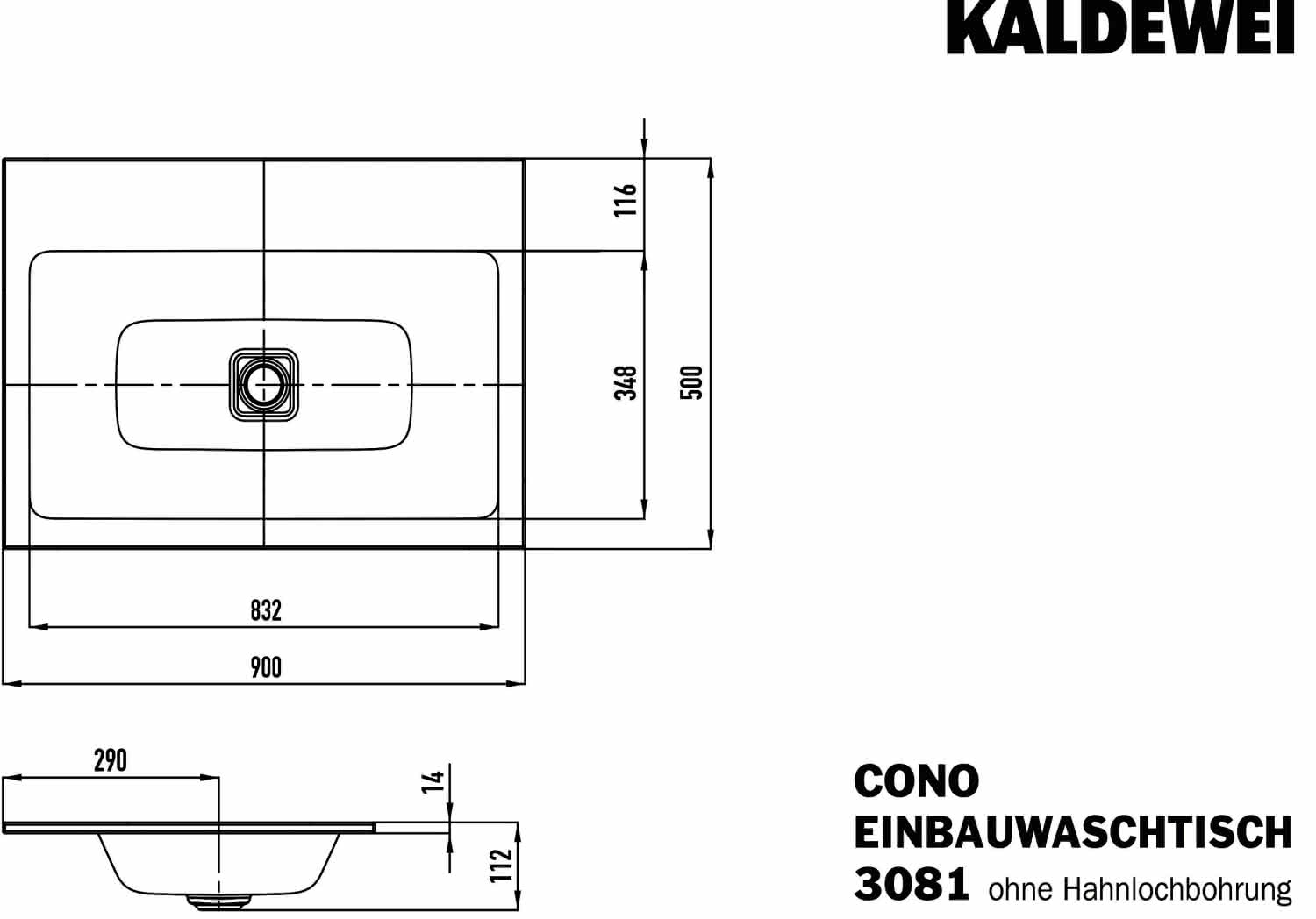 KA WB CONO EINBAUWASCHTISCH Mod.3081,900 x500mm,alpinweiß matt,PEFF,AD,oÜL