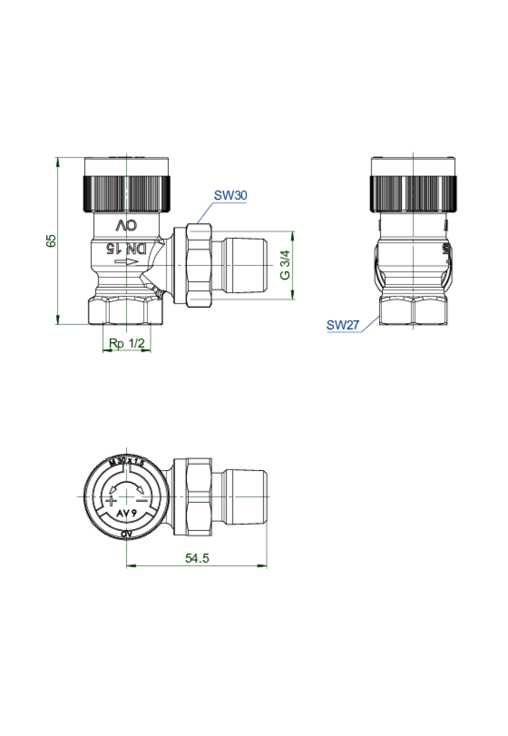 OVENTROP-Thermostatventil "RFV 9" DN15, R 1/2 AG, PN10, Eck