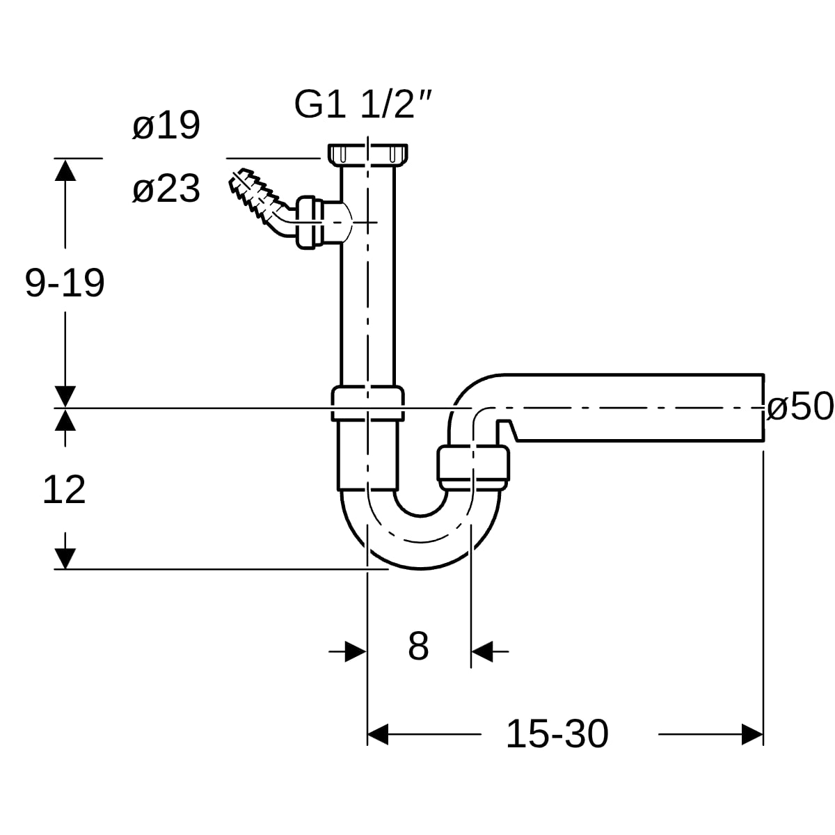 Geberit Rohrbogengeruchsverschluss für ein Spülbecken Abgang horiz. G1 1/2x50 OM