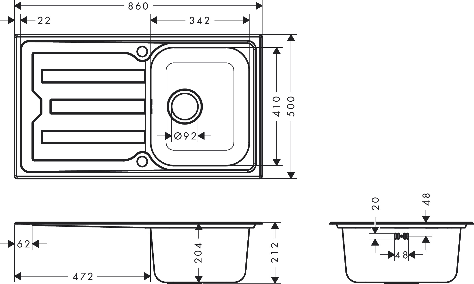 Hansgrohe Einbauspüle S440-A342 86 Abtropffl.  lang autom.Ablaufgarnitur Edelstahl