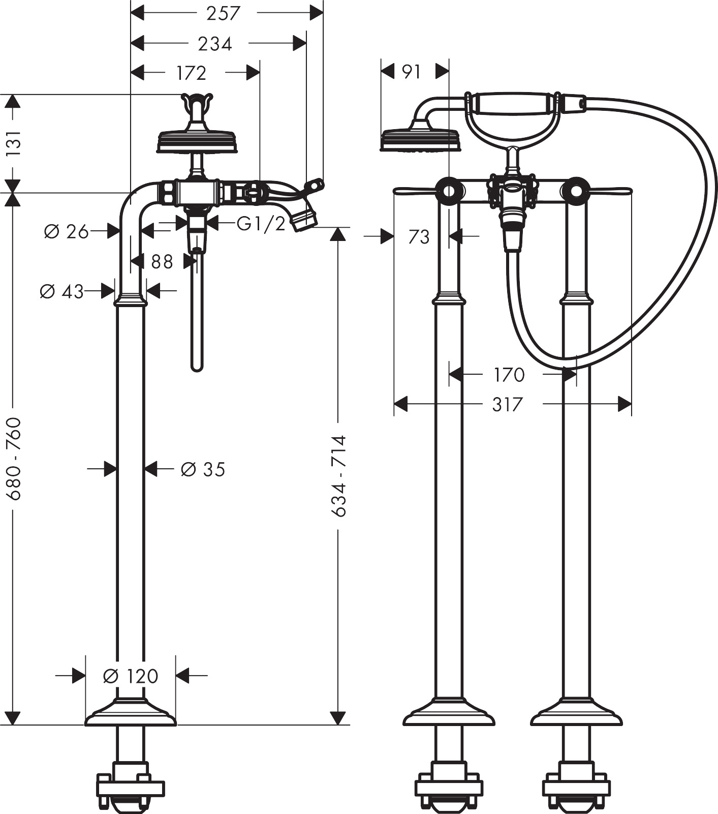 Hansgrohe Zweigriff Wannenarmatur Axor Montreux Fertigset Hebelgriff chrom Bodenmontage
