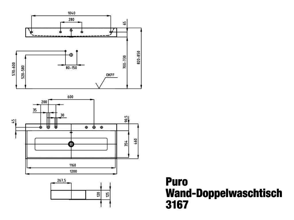 KA WB PURO WANDWASCHTISCH Mod.3167,1200x 460mm,pergamon,PEFF,AD,m. 1HL,mÜL,chr