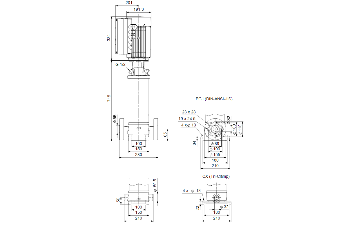 GRUNDFOS Vertikale Kreiselpumpe CRNE1-23 Q-FGJ-T-E-HQQE 3x380-500 60Hz