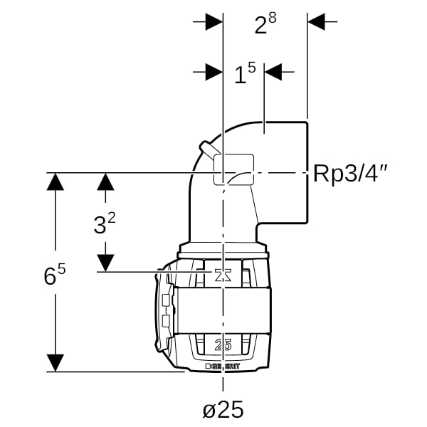 Geberit FlowFit Übergangsbogen 90Gr mit IG Rg+ 90Gr d25-Rp3/4