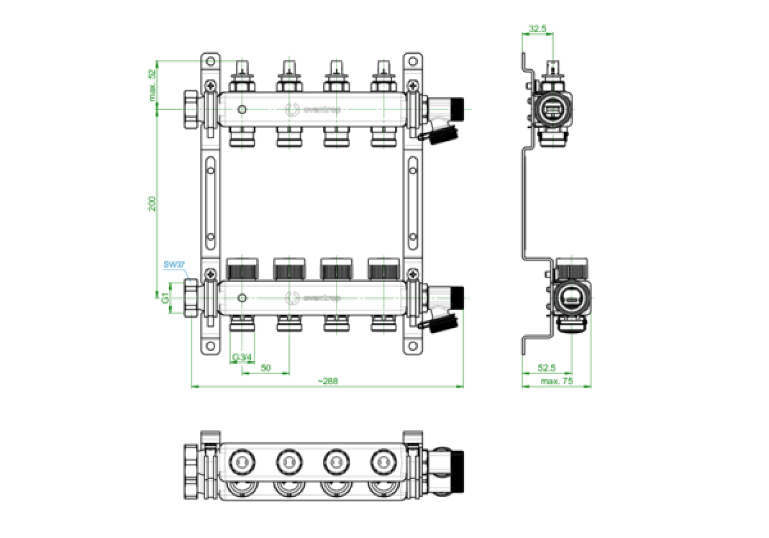 OVENTROP-Multidis SFQ Edelstahlverteiler mit Durchflussindikator 4 Kreise