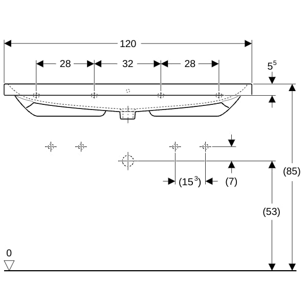 Geberit Acanto Waschtisch 120x48cm einfache Bef., 2 Hl., m. Ül., weiß
