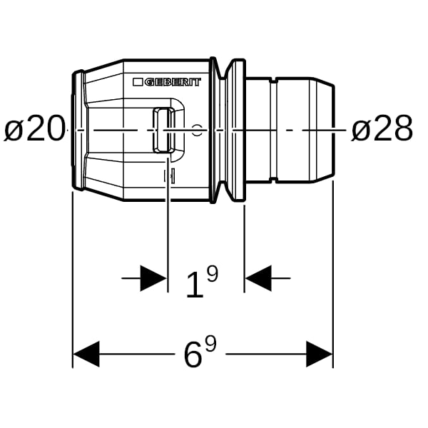 Geberit PushFit Übergang auf Verteiler mit Steckanschluss Ms d20