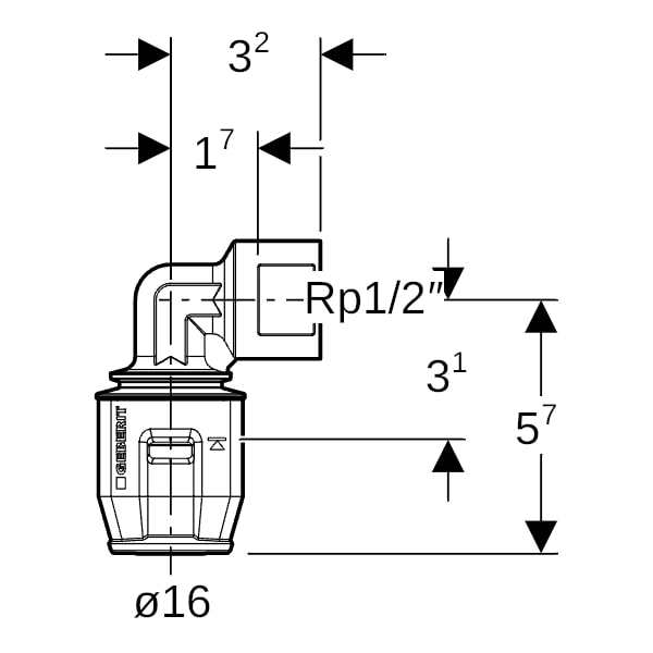 Geberit PushFit Übergangsbogen 90Gr mit IG Rg d16-Rp1/2