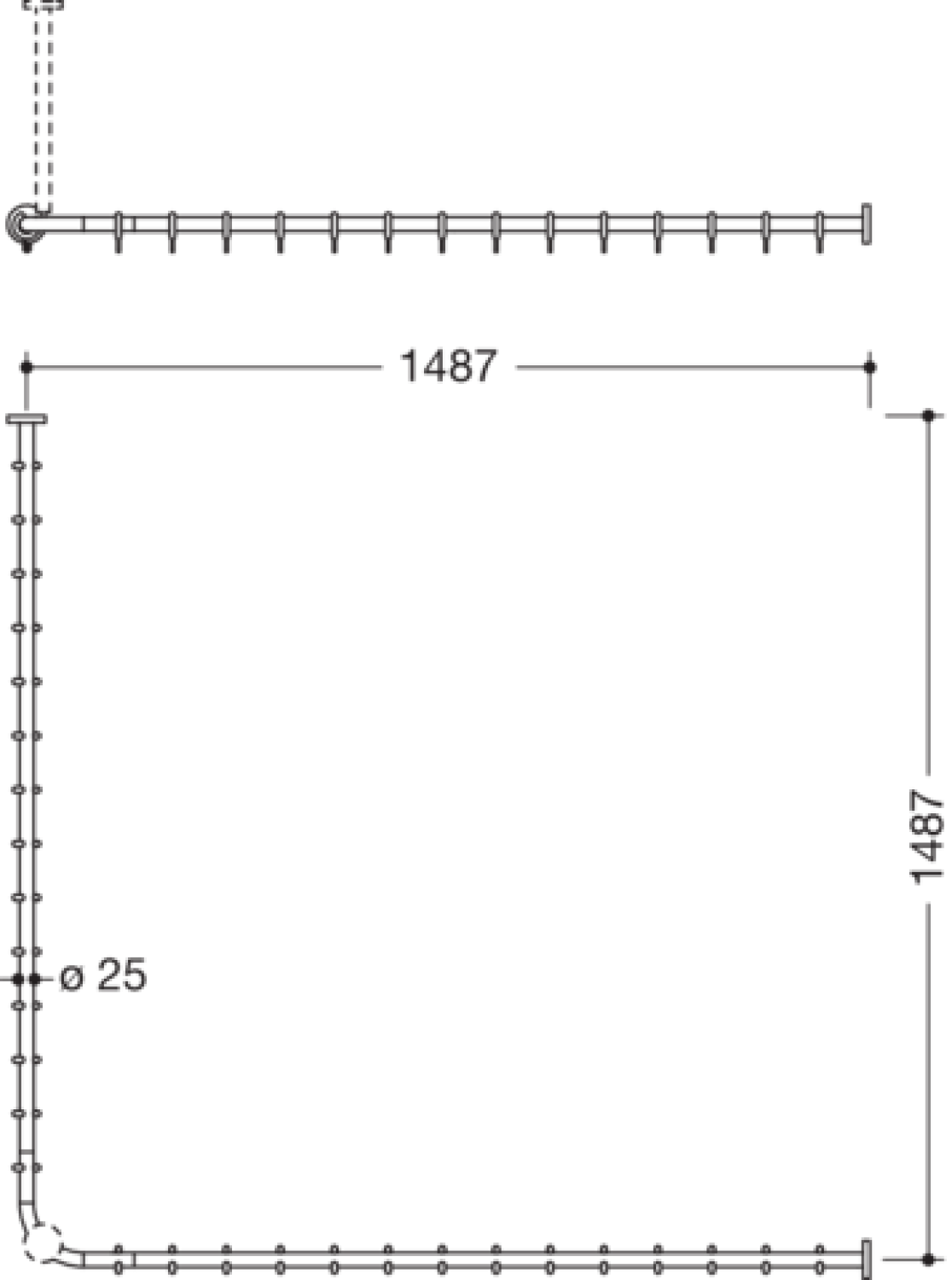 HEWI VH-Stange, d:25,A1/A2=1487, 28 Ringe, plvb weiß tiefmatt