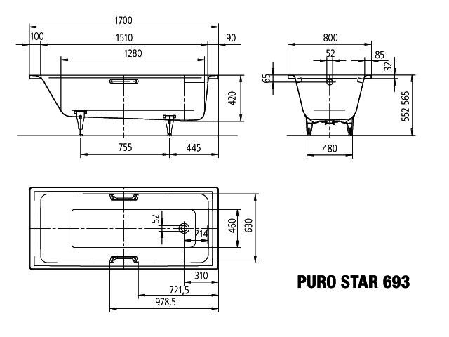 KA BW PURO STAR Mod.693,1700x800mm, alpinweiß,mit Vollantislip