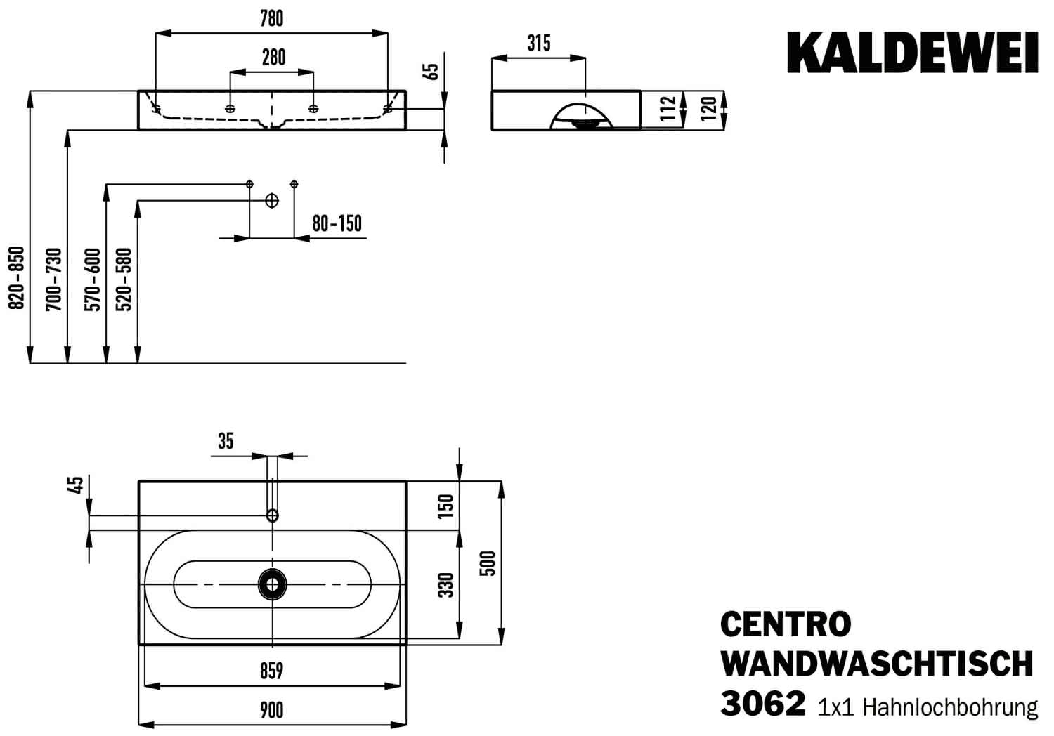 KA WB CENTRO WANDWASCHTISCH Mod.3062,900 x500mm,alpinweiß,Perl-Effekt,m. 1HL,oÜL