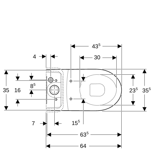 Geberit iCon Stand-WC für AP-SPK aufgesetzt Tiefspüler Rimfree, Abg.multi, weiß Tect