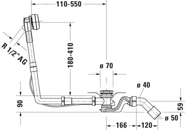 DU Ab- und Überlaufgarnitur Quadroval Drehgriff,Einlauf,Flexs.,BZL700mm,weiß
