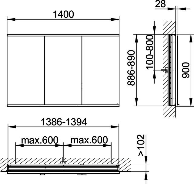 KEUCO Royal Modular 2.0 SPS, unbel. 80030, Einb,2Steckd,sb-elox,1400x900x120mm