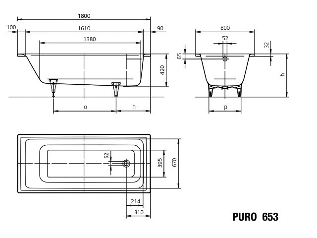 KA BW PURO Mod.653,1800x800mm,alpinweiß, mit Vollantislip