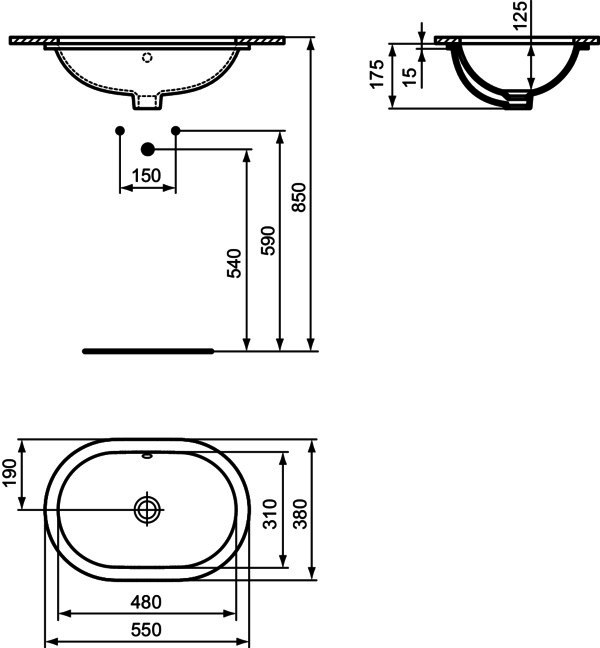 IS Unterbauwaschtisch Connect, oval, o.Hl., m.Ül., 550x380x175mm, Weiß
