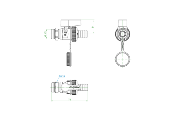 OVENTROP-Kugelhahn"Optiflex" 1/2"AG mit Schlauchverschraubung, Kappe, Ms