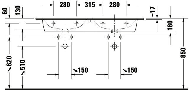 DU Doppel-Waschtisch ME by Starck 1300mm,m.ÜL,1HL je Becken,weißseidenm.WG