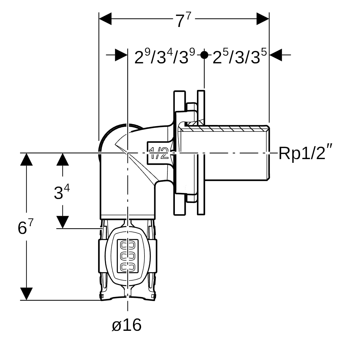 Geberit FlowFit Eckwanddurchführung 90Gr RG+ d16-Rp1/2-d16