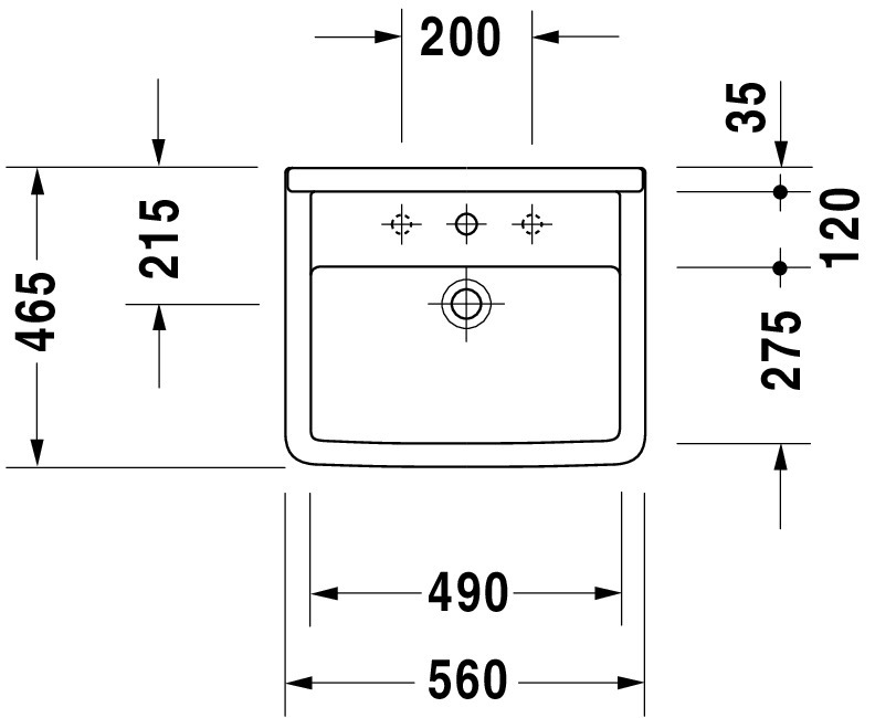 DU Einbauwaschtisch Starck 3 560 mm EB v.oben, m.ÜL, m.HLB, 1 HL, weiß WG