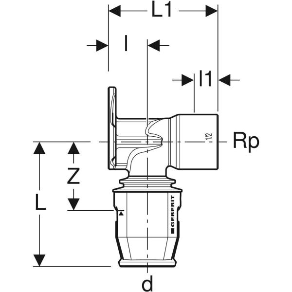 Geberit PushFit Anschlusswinkel 90Gr Rg d20-Rp1/2 L:52mm