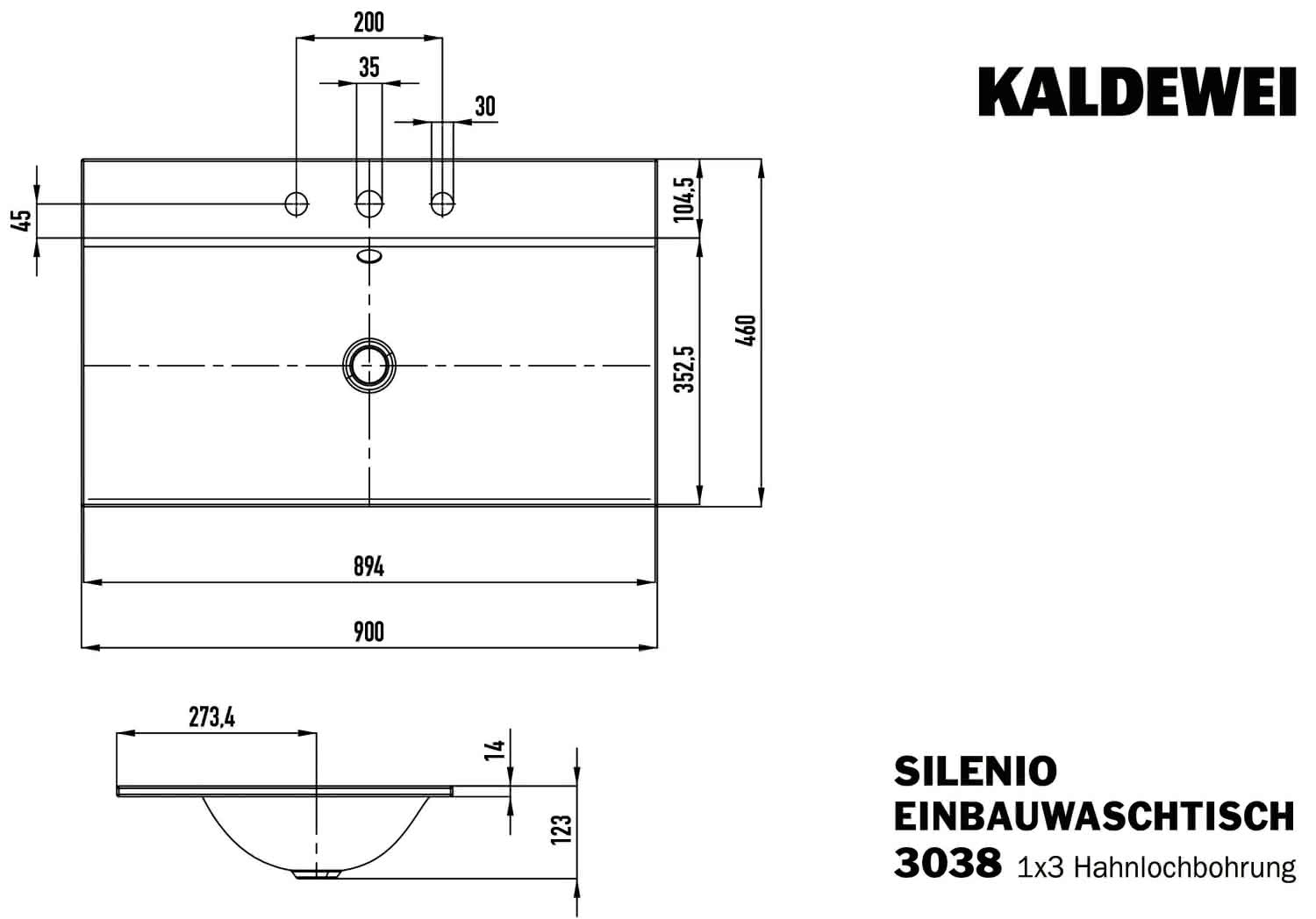 KA WB SILENIO EINBAUWASCHTISCH Mod.3038, 900x460mm,alpwe,PEFF,AD,m. 3HL,mÜL,chr