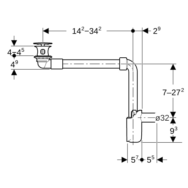 Geberit WT Ablauf d32/40 Raumsparmodell mit freiem Auslauf, Ventilab. glanzverchromt