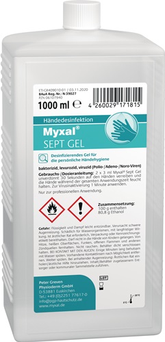 Handdesinfektionsgel MYXAL® SEPT GEL 1l parfüm-/farbstofffrei 1000ml Hartflasche Handdesinfektionsgel MYXAL® SEPT GEL 1l parfüm-/farbstofffrei 1000ml Hartflasche