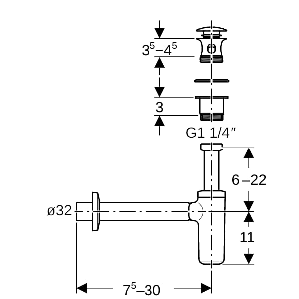 Geberit Waschbeckenablauf mit Siphon DN32/40 Außenventilstopfen mit Druck-Bet. chrg