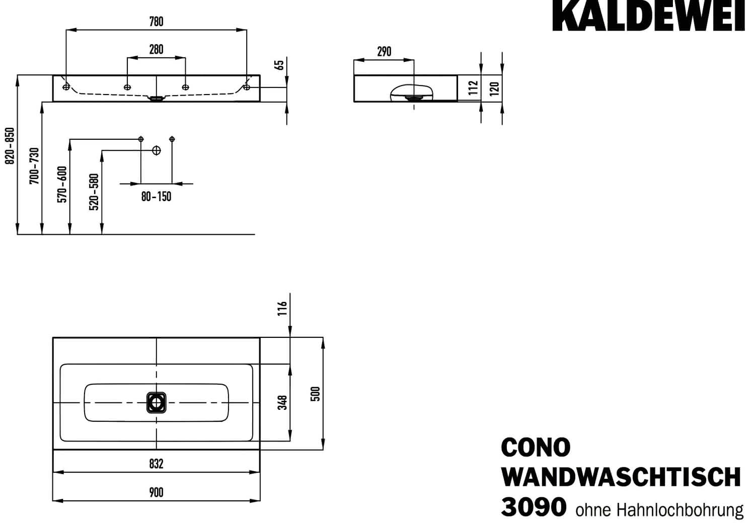 KA WB CONO WANDWASCHTISCH Mod.3090,900x 500mm,alpinweiß,Perl-Effekt,AD,oÜL