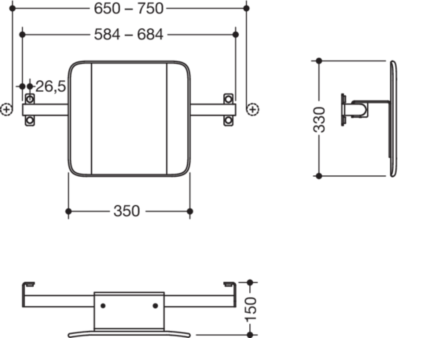HEWI Rückenst., Sys 900 f. SK-Griff (B) T:150, schliff anthrazitgrau
