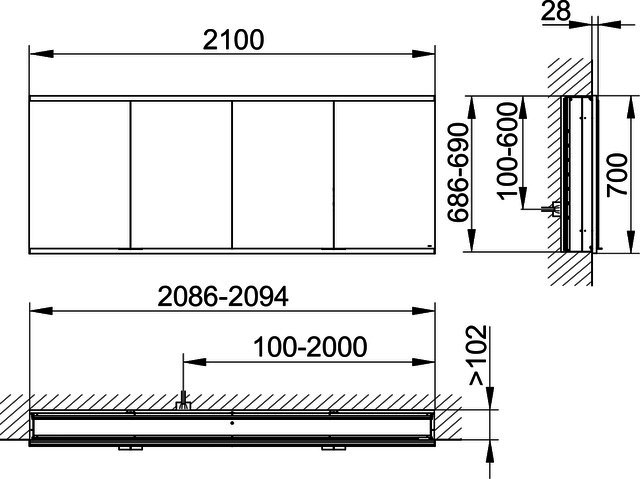 KEUCO Royal Modular 2.0 SPS, bel. 80041, Einb,4Steckd,sb-elox,2100x700x160mm