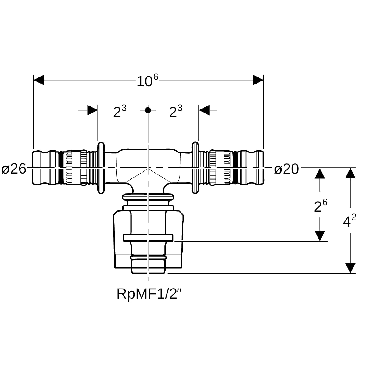 Geberit Mepla Übergangs-T-Stück mit MasterFix Rg d26-MF20-d20